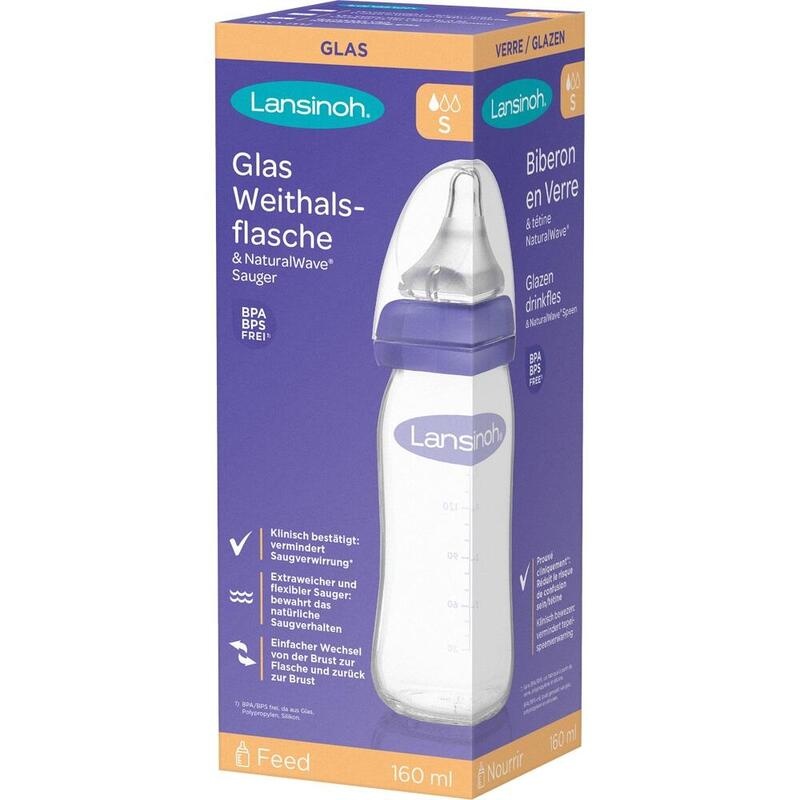 LANSINOH Weithalsflasche Glas 160 ml mit Sauger S